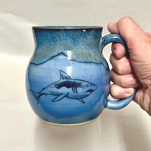 Shark Handmade Stoneware Mug Wheel Thrown Navy Blue Pottery Large Ceramic Microwave & Dishwasher Safe Made in Florida Nautical Fish