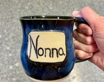 Custom Stoneware Handmade Mug with Patch with Name 3 Week Lead Time Wheel Thrown Pottery Ceramic Microwave & Dishwasher Safe Great Gift