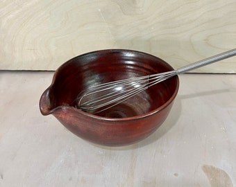 5” Stoneware Mixing Bowl with Spout, Handle and Whisk Batter Bowl Handmade Dishwasher and Microwave Safe Copper Pottery Sauce Bowl Dips Eggs