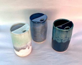 Handmade Pottery Travel Cup Stoneware Tumbler: Ceramic 15 - 16 oz Travel Mug Denim Blue Turquoise Green White Cup In Stock
