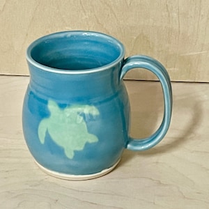 Handmade Turtle Stoneware Mug: Fish, Blue Ceramic Pottery, Florida Made Wheel Thrown