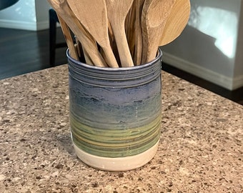 Extra Large Utensil Holder Crock Stoneware Wheel Thrown Ceramic 6” Tall Pottery Caddy Handmade in Florida Dishwasher Safe Blue Green