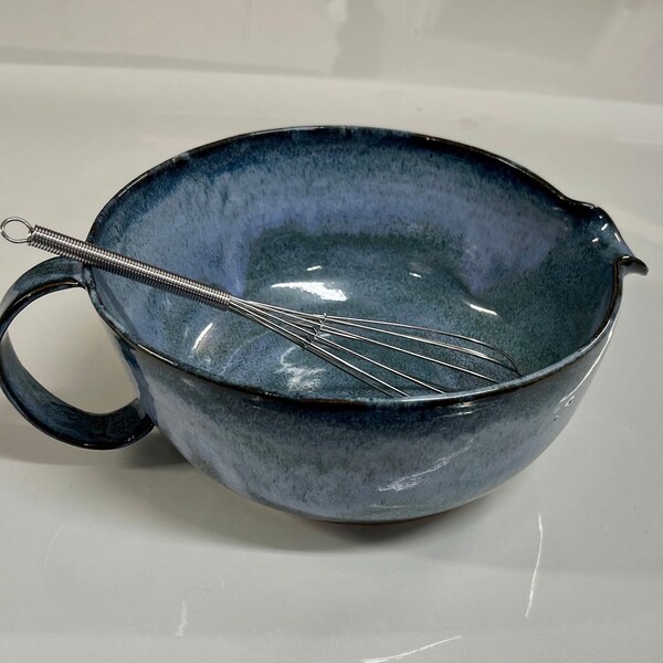 7.5” Stoneware Handmade Handled Mixing Bowl with Whisk Batter Bowl Dishwasher and Microwave Safe Navy Blue Pottery Food Safe