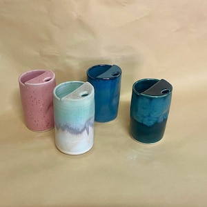 Handmade Pottery Travel Cup Stoneware Tumbler: Ceramic 12 oz Travel Mug Denim Blue Turquoise Green White Cup