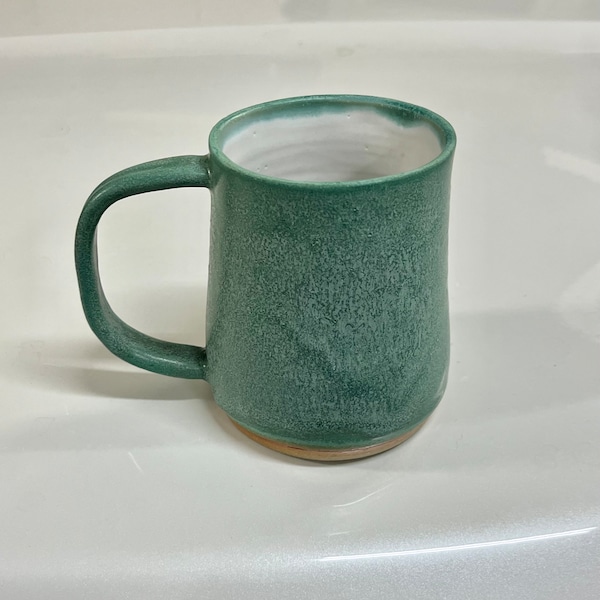 14 oz Pottery Handmade Mug Wheel Thrown Green Satin Stoneware Large Ceramic Tankard Microwave & Dishwasher Safe Made in Florida