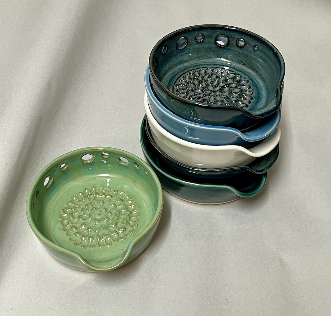 Garlic Grater/Herb Stripper Bowl Handmade Stoneware Wheel Thrown Pottery Blue Turquoise White Green Made in Florida Bestseller