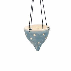 Handmade Orchid Pot Hanging Stoneware Pottery 5” Tall Plus Hanger Wheel Thrown Ceramic Planter Blue