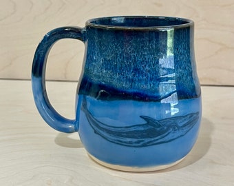 Whale Handmade Stoneware Mug Wheel Thrown Navy Blue Pottery Large Ceramic Microwave & Dishwasher Safe Made in Florida Nautical Fish