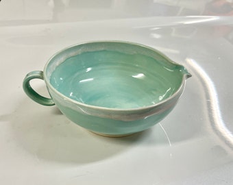 7” Batter Bowl With Whisk Stoneware Handmade Handled Mixing Bowl With Spout Dishwasher and Microwave Safe Turquoise Pottery Food Safe