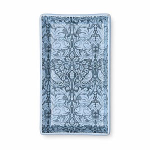 Handmade Bunny 11 1/2” Platter Stoneware Pottery Serving Tray Rectangular Blue William Morris Bunny Pattern Appetizers Cheese Charcuterie