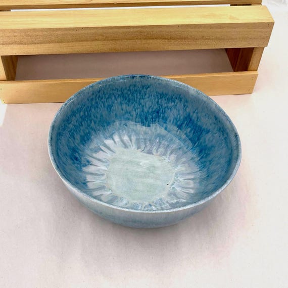 Handmade 8” Wheel Thrown Medium Bowl Stoneware Pottery Handmade Blue Microwave Safe Ceramic
