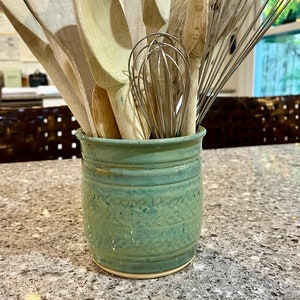 Stoneware Utensil Holder Crock Wheel Thrown Turquoise Green Ceramic Pottery Caddy Handmade Florida Dishwasher Safe Medium 4.8” Tall 4.8” Wid