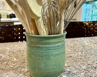 Stoneware Utensil Holder Crock Wheel Thrown Turquoise Green Ceramic Pottery Caddy Handmade Florida Dishwasher Safe Medium 4.8” Tall 4.8” Wid