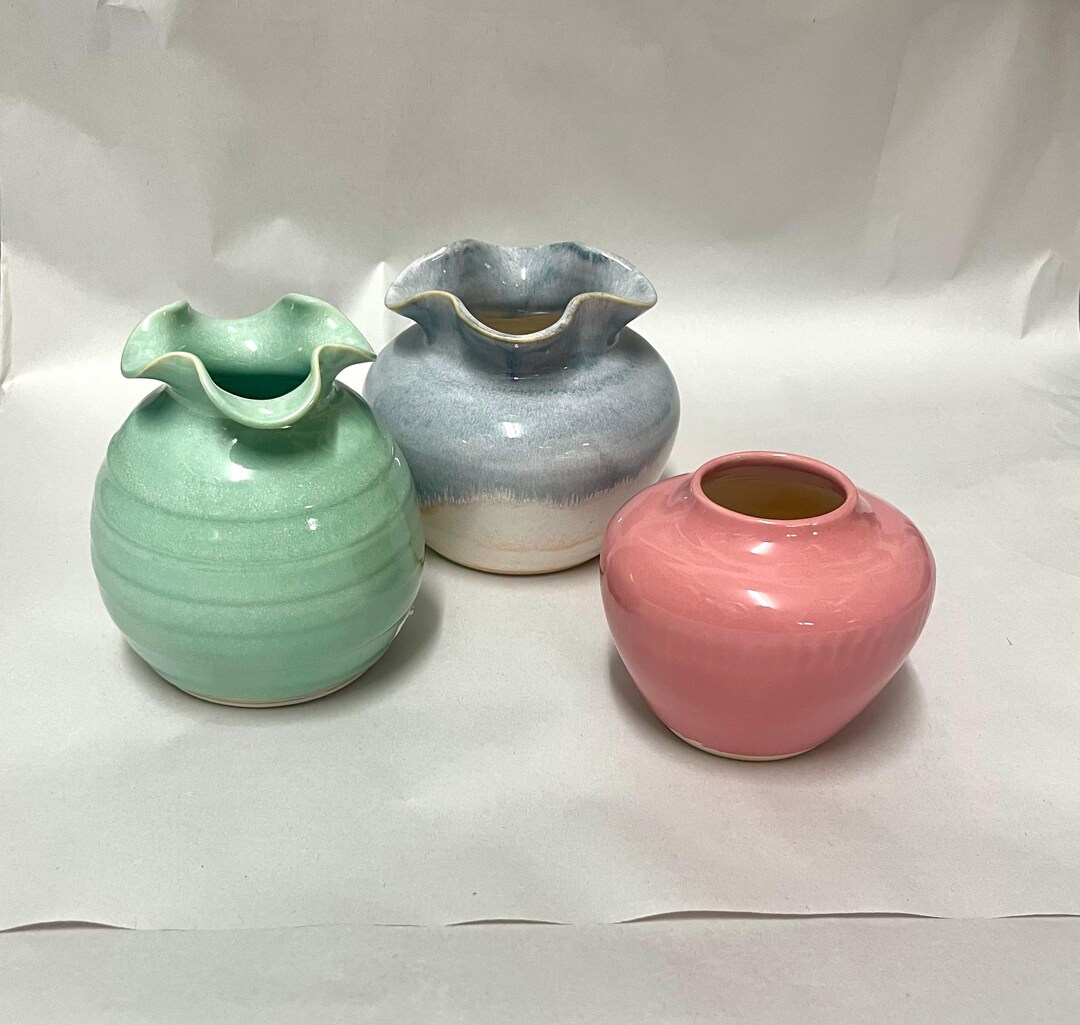 Handmade Pottery 4-6” Vases Wheel Thrown Stoneware Green Pink Blue ...