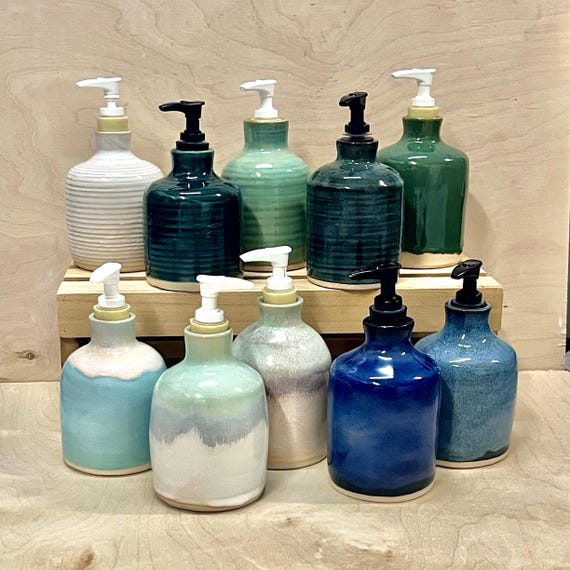 Wheel Thrown Liquid Soap Dispenser Lotion Dispenser Pottery Handmade Stoneware Green Blue Ceramic Farmhouse Coastal Kitchen Bathroom
