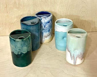 Handmade Pottery Travel Cup Stoneware Tumbler: Ceramic 15-16 oz Travel Mug Denim Blue Turquoise Green White Cup