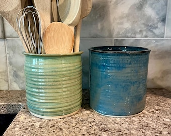 Stoneware Utensil Holder Crock Wheel Thrown Green or Navy Blue Ceramic Pottery Caddy Handmade Florida Dishwasher Safe Medium 5” Tall 5” Wide