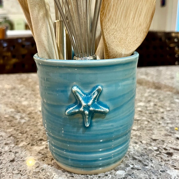 Small Utensil Holder Crock Makeup Brush Holder Wheel Thrown Stoneware Pencil Holder Blue Starfish Ceramic 4” Pottery Handmade Dishwasher