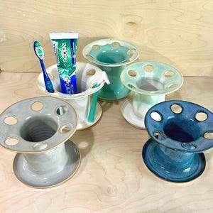 Handmade Pottery Toothbrush Holder Toothpaste Razor Holder Stoneware 6 Wide Slots Creamy White Blue Black Gray Ceramic Bathroom Organizer