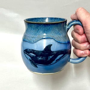 Orca Whale Handmade Stoneware Mug Wheel Thrown Navy Blue Pottery Large Ceramic Microwave Safe Made in Florida Nautical Fish Ocean