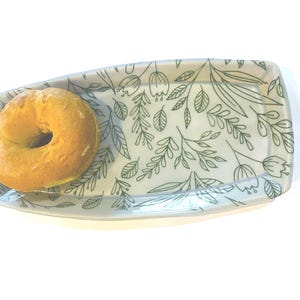 12” Handmade Floral Serving Platter Green Stoneware  Appetizers Cheese Charcuterie Tray Vanity Tray Microwave Safe Gray