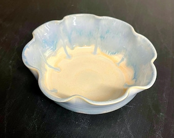 Handmade 8” Stoneware Serving Bowl Wheel Thrown Pottery Flower Shape Light Blue Microwavable Dishwasher Safe