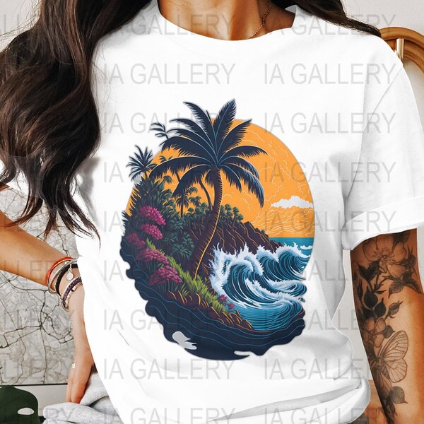 Tropical Beach Sunset Digital Print, Palm Tree and Ocean Waves Artwork, Vibrant Home Decor