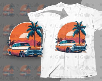 Vintage Car Digital Print, Classic American Car Sunset Illustration, Retro Palm Trees Artwork