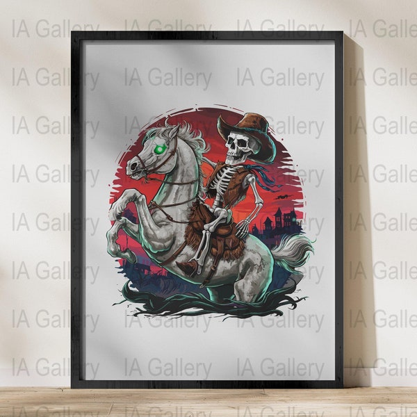 Skeleton Cowboy Riding Ghost Horse, Spooky Western Digital Art Print, Colorful Horror Decor