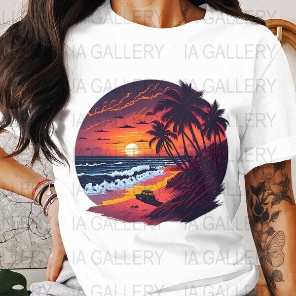 Tropical Beach Sunset Digital Artwork, Ocean View with Palm Trees and Jeep Illustration, Vibrant Color Wall Art