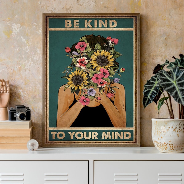Be Kind To Your Mind Vintage Digital Poster, Mental Health Poster Mental Be Kind To Your Mind Positive Art Prints African Woman Vintage Gift