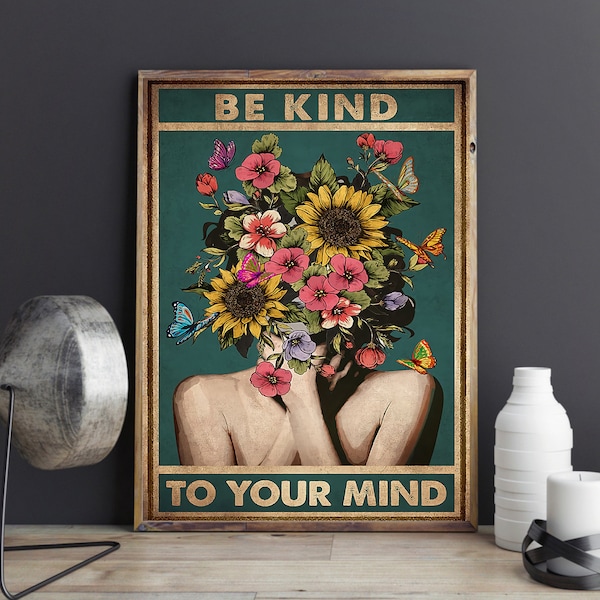 Be Kind To Your Mind Digital Files Poster, Be Kind Vintage Canvas, Social Worker Poster Gifts, Teacher Bedroom Decor Vintage, Positive Gift