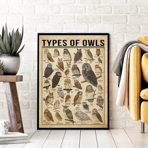 Types of Owls Digital Files Poster, Owl Knowledge Poster, Vintage Owl Decor, Owl Lover Art Gift For Owl Lover, Owl Lover Canvas Gift