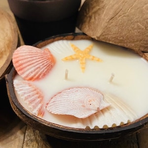 Pineapple ocean coconut shell candle, raw coconut shell, coconut wax, tropical, scented, oils, starfish, quality candle, eco-friendly, gift