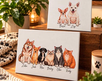 Custom Dog Cat Pet Portrait on Canvas with Names (5x7 or 8x10)