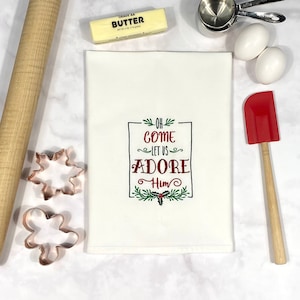 Christmas Kitchen Towel, Embroidered Holiday Hand Towel, Christmas Hymn O Come Let Us Adore Him, Christian Christmas Gift for Pastor&#39;s Wife