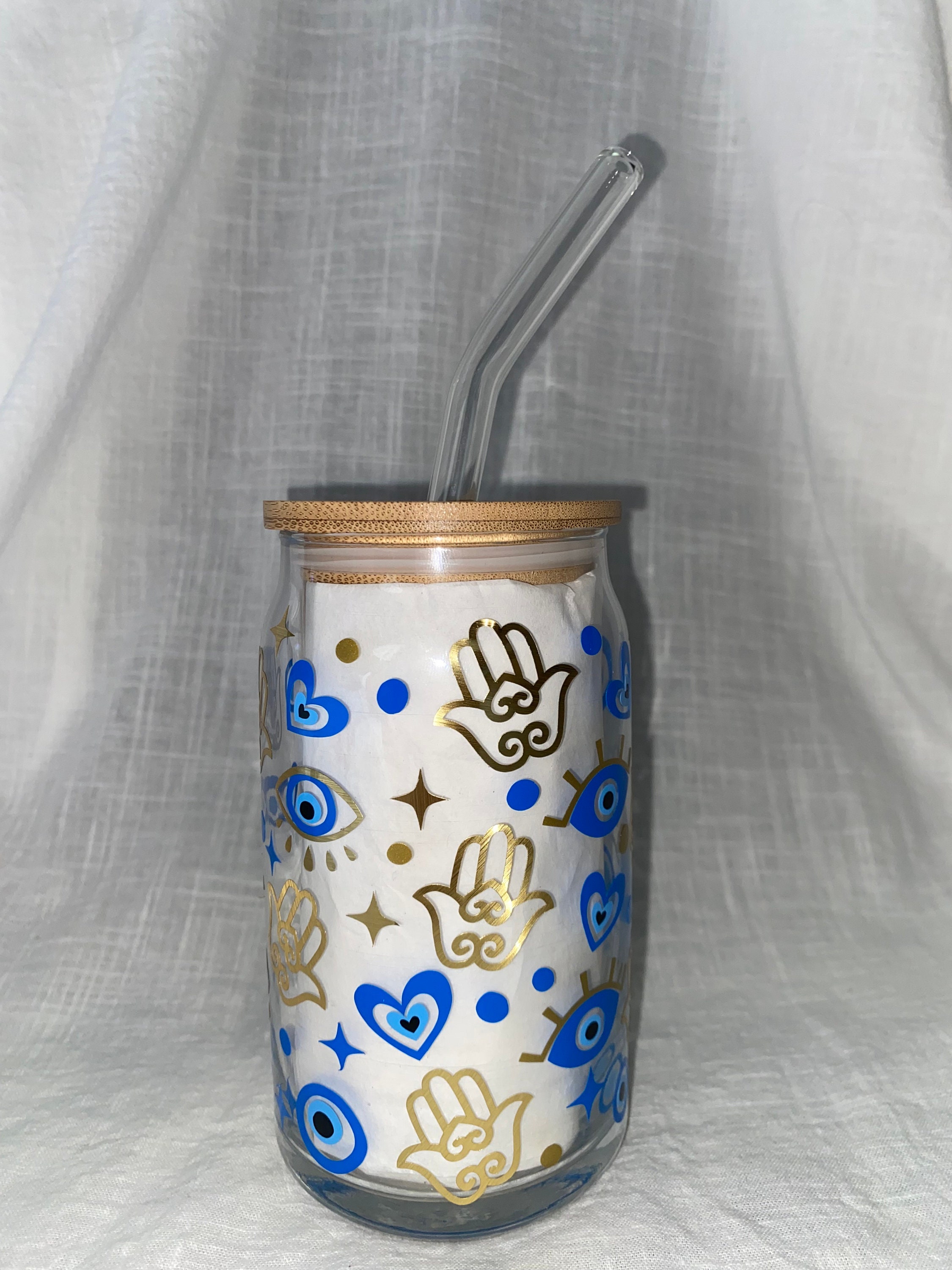 16oz Libbey Can Glass Cup w/Bamboo Lid & Straw (Cow, Evil Eye)