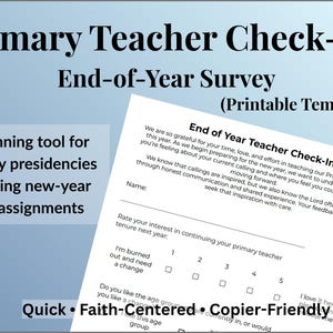以下が含まれることがあります： 「Primary Teacher Check-In End-of-Year Survey」というタイトルの印刷可能なテンプレート。このドキュメントは、新しい年のクラス割り当てを準備するために、小学校の会長のために設計されています。この調査には、教師の在職期間と好みの質問が含まれています。