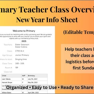 Könnte beinhalten: Eine druckbare Vorlage für das Primary Teacher Class Overview New Year Info Sheet. Das Dokument enthält eine Willkommensnachricht, Lehrernamen, Klassendetails und eine Klassenliste. Der Hintergrund ist ein Farbverlauf aus Orange und Gelb.
