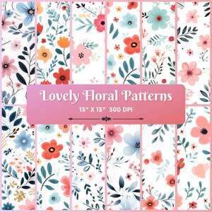 12 preciosos patrones de flores, papeles digitales, patrones sin costuras, estampados florales, estampados festivos, patrón repetitivo