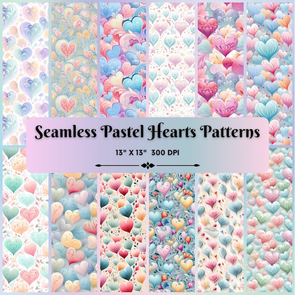 12 Seamless Pastel Hearts Patterns, Digital Products, Valentines, Valentine Day, Creative Projects, Instant Download, Scrapbook Supplies.