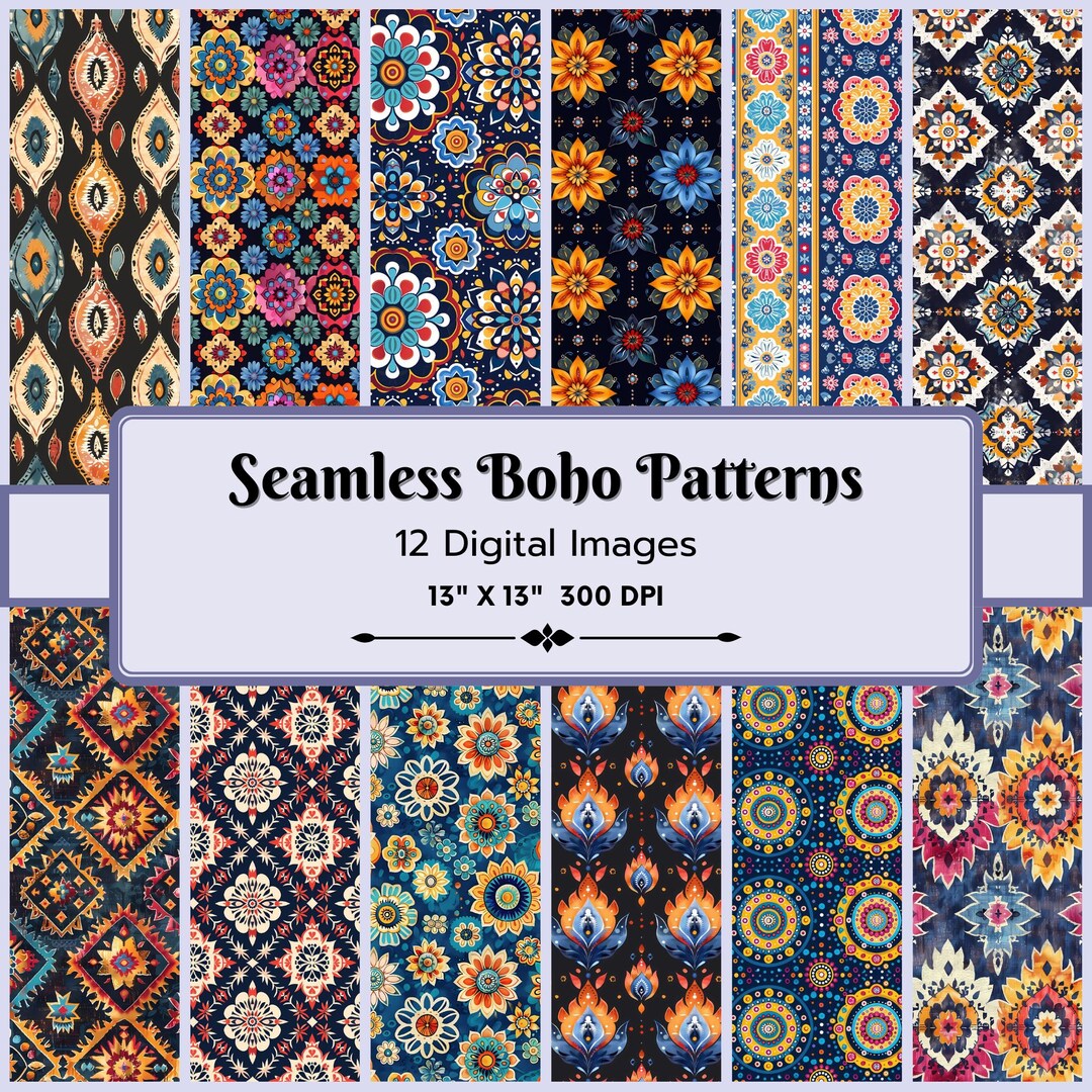 12 Seamless Boho Patterns, Seamless Patterns, Boho Chic Decor, Boho ...