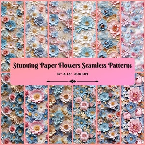 Paper Flowers Seamless Patterns: 12 Floral Designs (Digital Download)