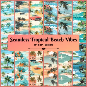 12 Seamless Tropical beach patterns, Beach Digital Paper, Tropical Beach Theme, Palm Tree Patterns, Beach Scrapbooking