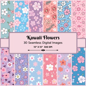 30 fiori Kawaii senza soluzione di continuità, carta kawaii, fiori kawaii, design floreale carino, arte digitale kawaii, carta in stile giapponese