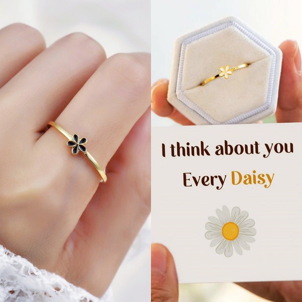 Petite bague marguerite, bague fleur délicate, bague florale minimaliste, je pense à vous chaque bague marguerite, bagues BFF, cadeau pour elle, cadeau de Noël