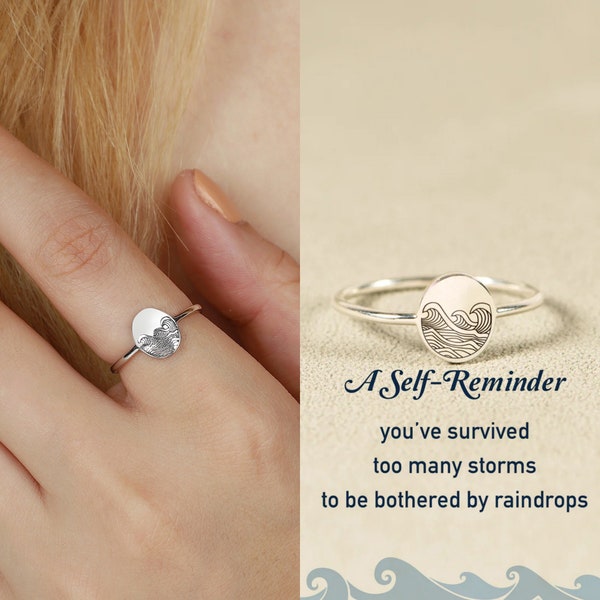 Self Reminder Wave Ring, Sterling Silver Signet Ring, You've Survived Too Many Storm Ring, Girl Gang Ring, Friendship Ring, Gifts for Her