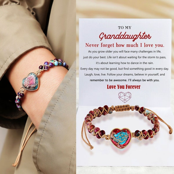 To My Granddaughter Bracelet, Heart Jasper Bracelet from Grandma Grandpa Adjustable Handmade Healing Stone Bracelet for Women Girls