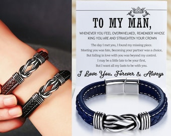 To My Man Bracelet, Love You Forever Bracelet, Braided Leather Bracelet, Mens Cuff Bracelet, Boyfriend Husband Son Bracelet, Gift For Him