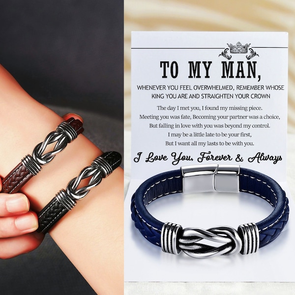 To My Man Bracelet, Love You Forever Bracelet, Braided Leather Bracelet, Mens Cuff Bracelet, Boyfriend Husband Son Bracelet, Gift For Him